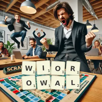 Kreatywna ilustracja do gry w Scrabble ze słowem WIOROWAL ułożonym z płytek na planszy.