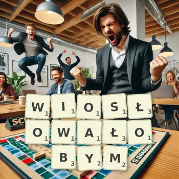 Kreatywna ilustracja do gry w Scrabble ze słowem WIOSŁOWAŁOBYM ułożonym z płytek na planszy.