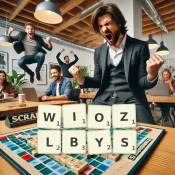 Kreatywna ilustracja do gry w Scrabble ze słowem WIOZLBYS ułożonym z płytek na planszy.