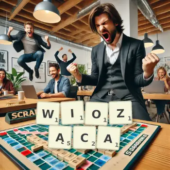Kreatywna ilustracja do gry w Scrabble ze słowem WIOZĄCA ułożonym z płytek na planszy.