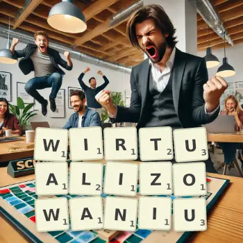 Kreatywna ilustracja do gry w Scrabble ze słowem WIRTUALIZOWANIU ułożonym z płytek na planszy.