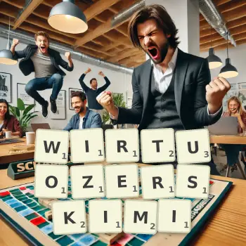 Kreatywna ilustracja do gry w Scrabble ze słowem WIRTUOZERSKIMI ułożonym z płytek na planszy.