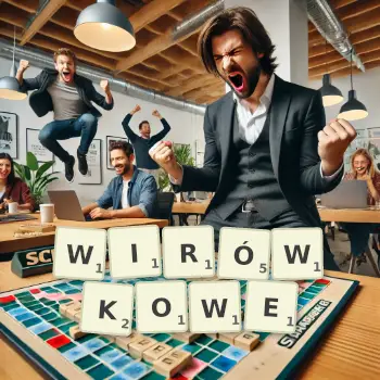 Kreatywna ilustracja do gry w Scrabble ze słowem WIRÓWKOWE ułożonym z płytek na planszy.