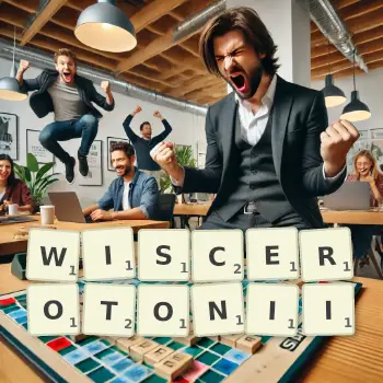 Kreatywna ilustracja do gry w Scrabble ze słowem WISCEROTONII ułożonym z płytek na planszy.