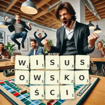 Kreatywna ilustracja do gry w Scrabble ze słowem WISUSOWSKOŚCI ułożonym z płytek na planszy.