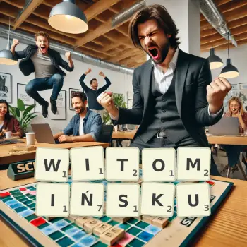 Kreatywna ilustracja do gry w Scrabble ze słowem WITOMIŃSKU ułożonym z płytek na planszy.