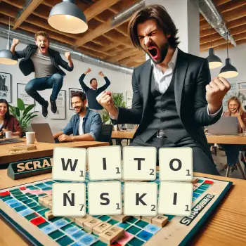 Kreatywna ilustracja do gry w Scrabble ze słowem WITOŃSKI ułożonym z płytek na planszy.