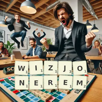 Kreatywna ilustracja do gry w Scrabble ze słowem WIZJONEREM ułożonym z płytek na planszy.