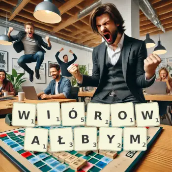 Kreatywna ilustracja do gry w Scrabble ze słowem WIÓROWAŁBYM ułożonym z płytek na planszy.
