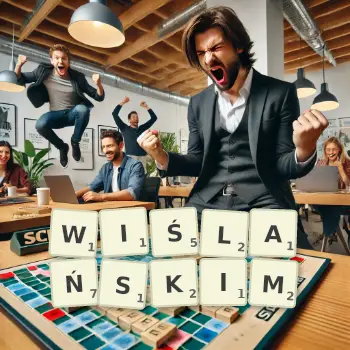 Kreatywna ilustracja do gry w Scrabble ze słowem WIŚLAŃSKIM ułożonym z płytek na planszy.