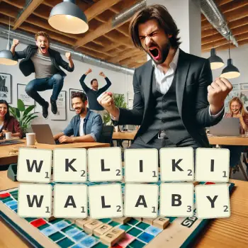 Kreatywna ilustracja do gry w Scrabble ze słowem WKLIKIWALABY ułożonym z płytek na planszy.