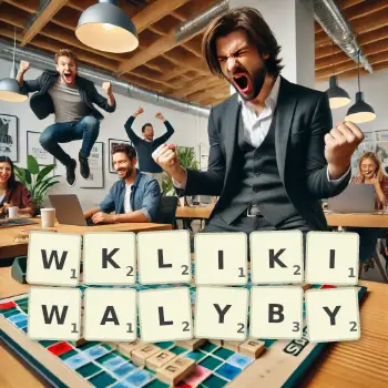 Kreatywna ilustracja do gry w Scrabble ze słowem WKLIKIWALYBY ułożonym z płytek na planszy.