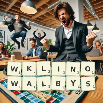 Kreatywna ilustracja do gry w Scrabble ze słowem WKLINOWALBYS ułożonym z płytek na planszy.