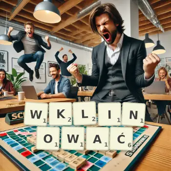 Kreatywna ilustracja do gry w Scrabble ze słowem WKLINOWAĆ ułożonym z płytek na planszy.