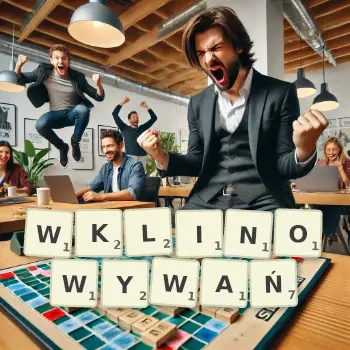 Kreatywna ilustracja do gry w Scrabble ze słowem WKLINOWYWAŃ ułożonym z płytek na planszy.