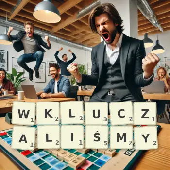 Kreatywna ilustracja do gry w Scrabble ze słowem WKLUCZALIŚMY ułożonym z płytek na planszy.