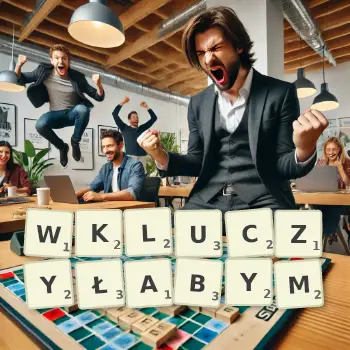 Kreatywna ilustracja do gry w Scrabble ze słowem WKLUCZYŁABYM ułożonym z płytek na planszy.