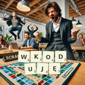 Kreatywna ilustracja do gry w Scrabble ze słowem WKODUJĘ ułożonym z płytek na planszy.