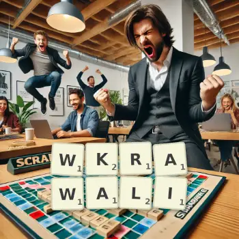 Kreatywna ilustracja do gry w Scrabble ze słowem WKRAWALI ułożonym z płytek na planszy.