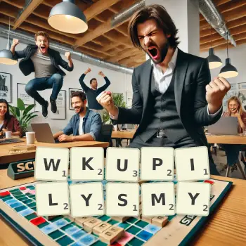 Kreatywna ilustracja do gry w Scrabble ze słowem WKUPILYSMY ułożonym z płytek na planszy.