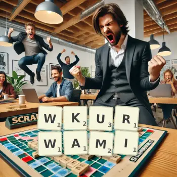 Kreatywna ilustracja do gry w Scrabble ze słowem WKURWAMI ułożonym z płytek na planszy.