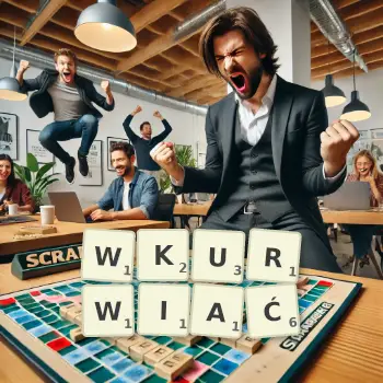 Kreatywna ilustracja do gry w Scrabble ze słowem WKURWIAĆ ułożonym z płytek na planszy.