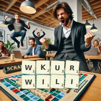 Kreatywna ilustracja do gry w Scrabble ze słowem WKURWILI ułożonym z płytek na planszy.