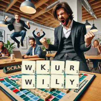 Kreatywna ilustracja do gry w Scrabble ze słowem WKURWILY ułożonym z płytek na planszy.