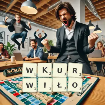 Kreatywna ilustracja do gry w Scrabble ze słowem WKURWIŁO ułożonym z płytek na planszy.
