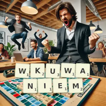 Kreatywna ilustracja do gry w Scrabble ze słowem WKUWANIEM ułożonym z płytek na planszy.