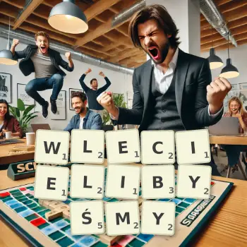 Kreatywna ilustracja do gry w Scrabble ze słowem WLECIELIBYŚMY ułożonym z płytek na planszy.