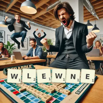 Kreatywna ilustracja do gry w Scrabble ze słowem WLEWNE ułożonym z płytek na planszy.