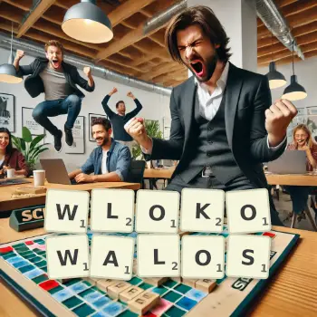 Kreatywna ilustracja do gry w Scrabble ze słowem WLOKOWALOS ułożonym z płytek na planszy.