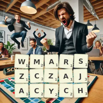 Kreatywna ilustracja do gry w Scrabble ze słowem WMARSZCZAJACYCH ułożonym z płytek na planszy.
