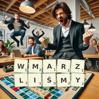 Kreatywna ilustracja do gry w Scrabble ze słowem WMARZLIŚMY ułożonym z płytek na planszy.