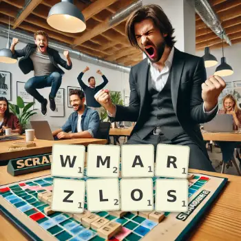 Kreatywna ilustracja do gry w Scrabble ze słowem WMARZLOS ułożonym z płytek na planszy.