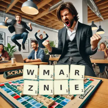 Kreatywna ilustracja do gry w Scrabble ze słowem WMARZNIE ułożonym z płytek na planszy.