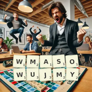 Kreatywna ilustracja do gry w Scrabble ze słowem WMASOWUJMY ułożonym z płytek na planszy.