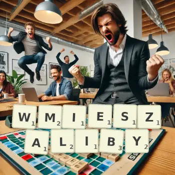 Kreatywna ilustracja do gry w Scrabble ze słowem WMIESZALIBY ułożonym z płytek na planszy.