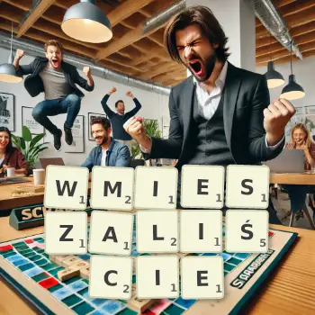 Kreatywna ilustracja do gry w Scrabble ze słowem WMIESZALIŚCIE ułożonym z płytek na planszy.