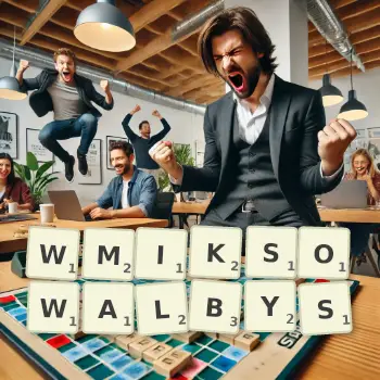 Kreatywna ilustracja do gry w Scrabble ze słowem WMIKSOWALBYS ułożonym z płytek na planszy.