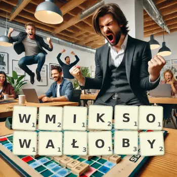 Kreatywna ilustracja do gry w Scrabble ze słowem WMIKSOWAŁOBY ułożonym z płytek na planszy.