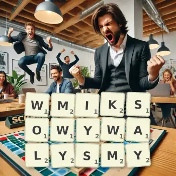 Kreatywna ilustracja do gry w Scrabble ze słowem WMIKSOWYWALYSMY ułożonym z płytek na planszy.