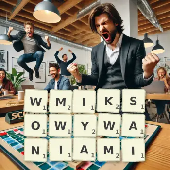 Kreatywna ilustracja do gry w Scrabble ze słowem WMIKSOWYWANIAMI ułożonym z płytek na planszy.