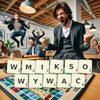 Kreatywna ilustracja do gry w Scrabble ze słowem WMIKSOWYWAĆ ułożonym z płytek na planszy.