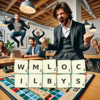 Kreatywna ilustracja do gry w Scrabble ze słowem WMLOCILBYS ułożonym z płytek na planszy.