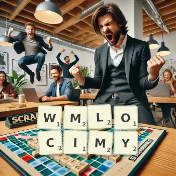 Kreatywna ilustracja do gry w Scrabble ze słowem WMLOCIMY ułożonym z płytek na planszy.