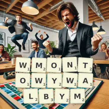 Kreatywna ilustracja do gry w Scrabble ze słowem WMONTOWYWALBYM ułożonym z płytek na planszy.