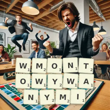 Kreatywna ilustracja do gry w Scrabble ze słowem WMONTOWYWANYMI ułożonym z płytek na planszy.