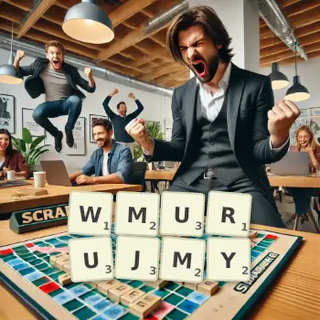 Kreatywna ilustracja do gry w Scrabble ze słowem WMURUJMY ułożonym z płytek na planszy.